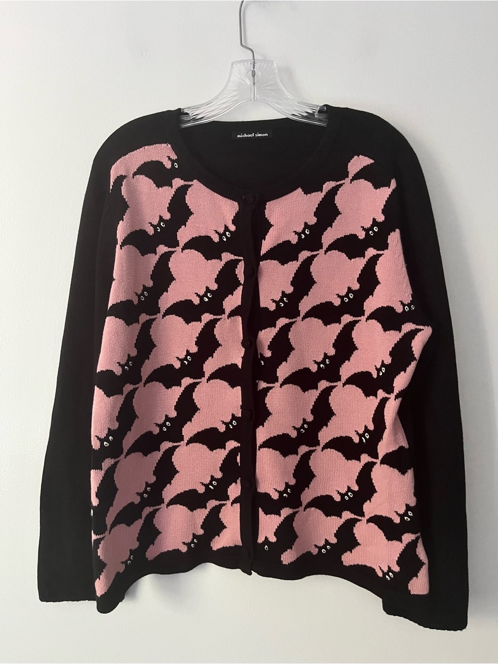 Vntg Michael Simon Pink Bat Cardigan Sweater Halloween Novelty Goth Kitsch XL